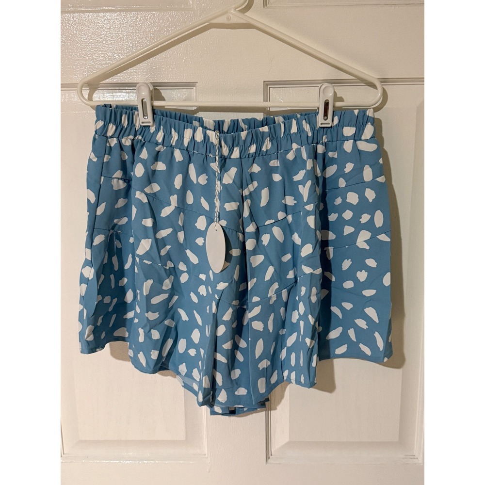 UMGEE USA Women's Blue White Abstract Print Elastic Waist Tiered Shorts 1XL